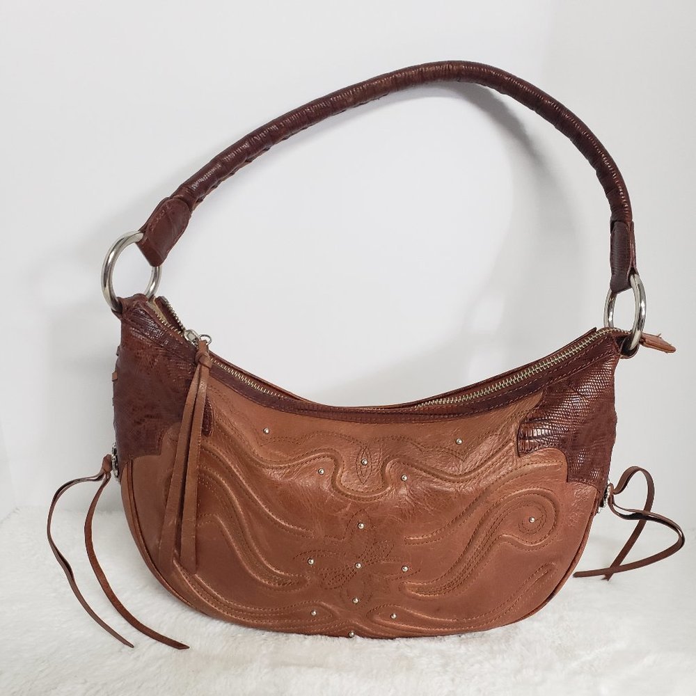 Ariat Brown Leather Tooled Snakeskin Tassel Concho Western Cowgirl Shoulder Bag